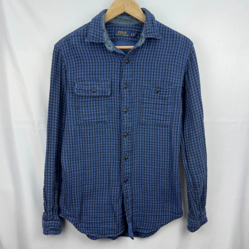 Polo Ralph Lauren Flannel Shirt Blue‎ Checkered Button Up Long Sleeve Small